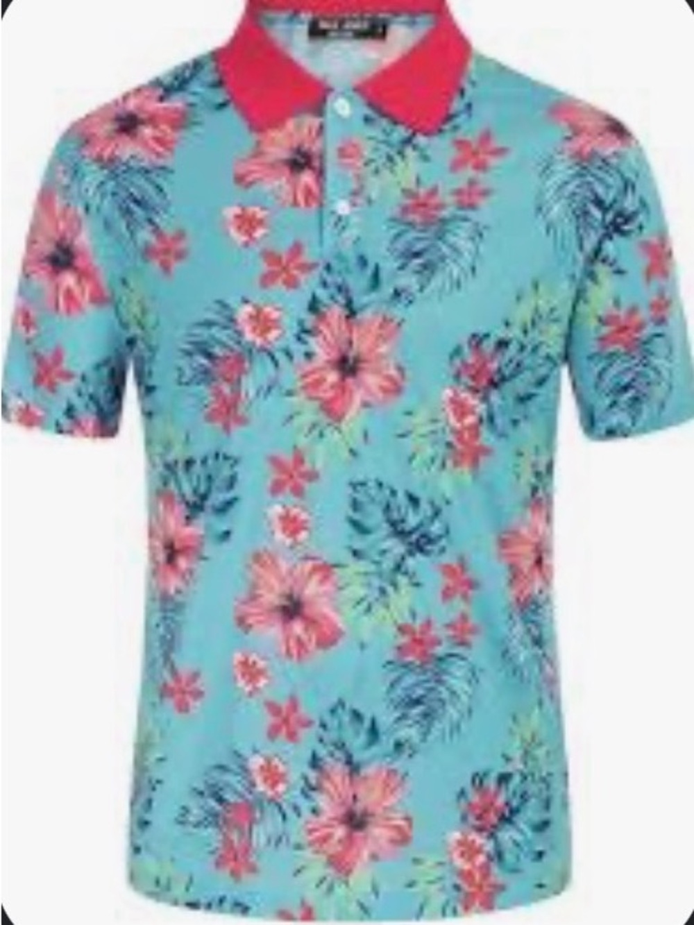 PJ Paul Jones Tropical Floral Polo - Aqua with Pink Collar